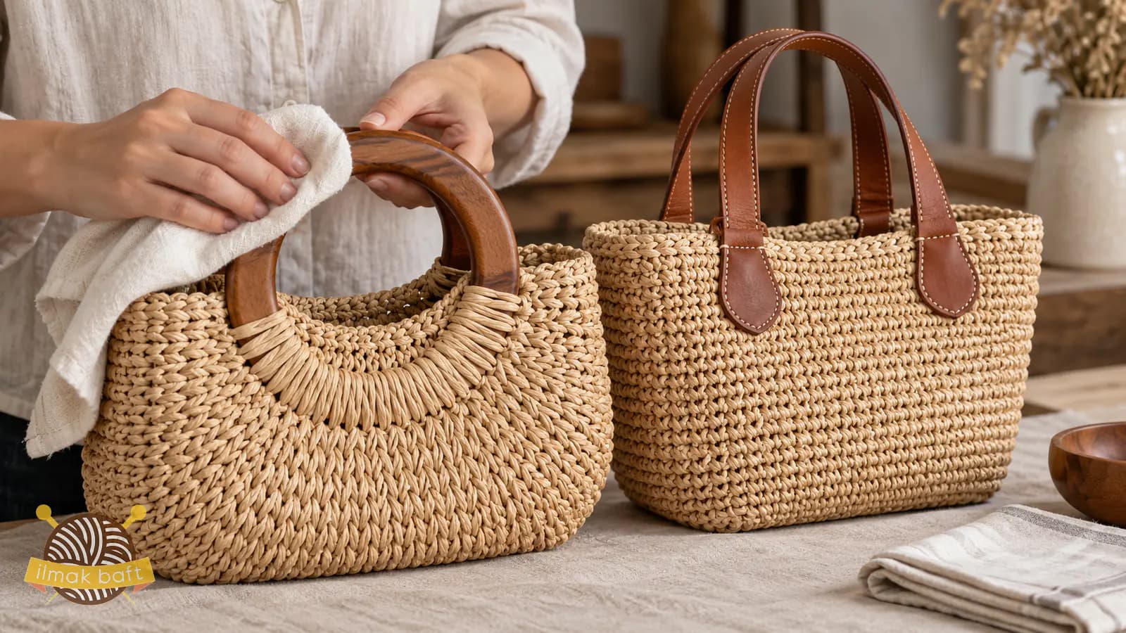 مراقبت جداگانه از دسته چوبی و چرمی کیفهای رافیا