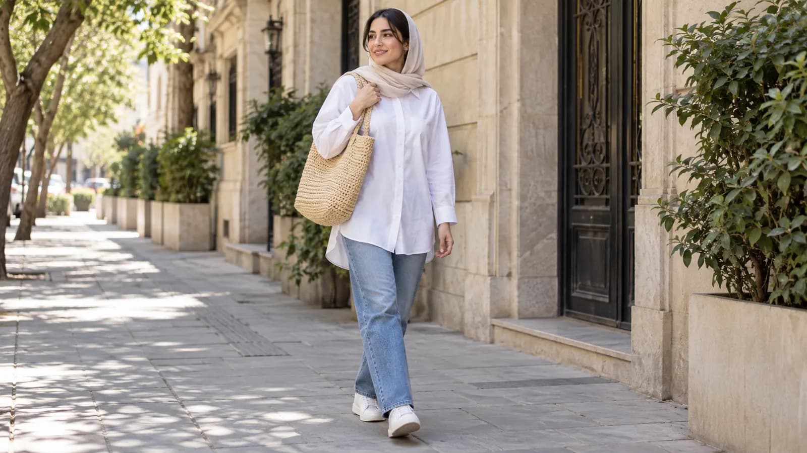 استایل روزمره زنانه با شومیز سفید، شلوار جین و کیف رافیا