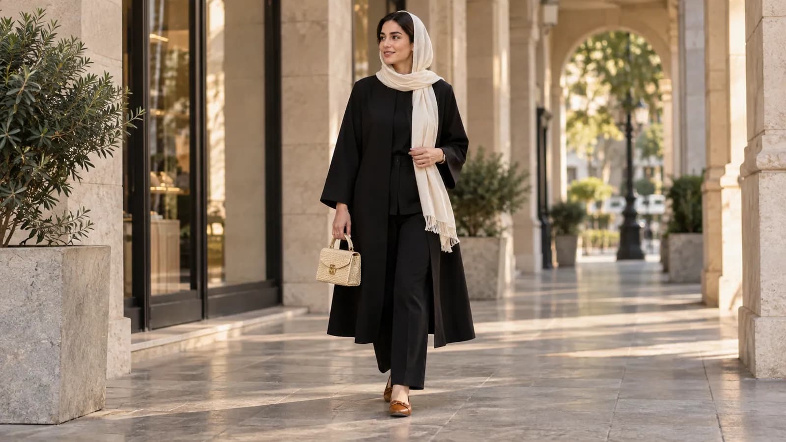 مانتوی مشکی با شال کرم و کیف رافیا روشن کوچک